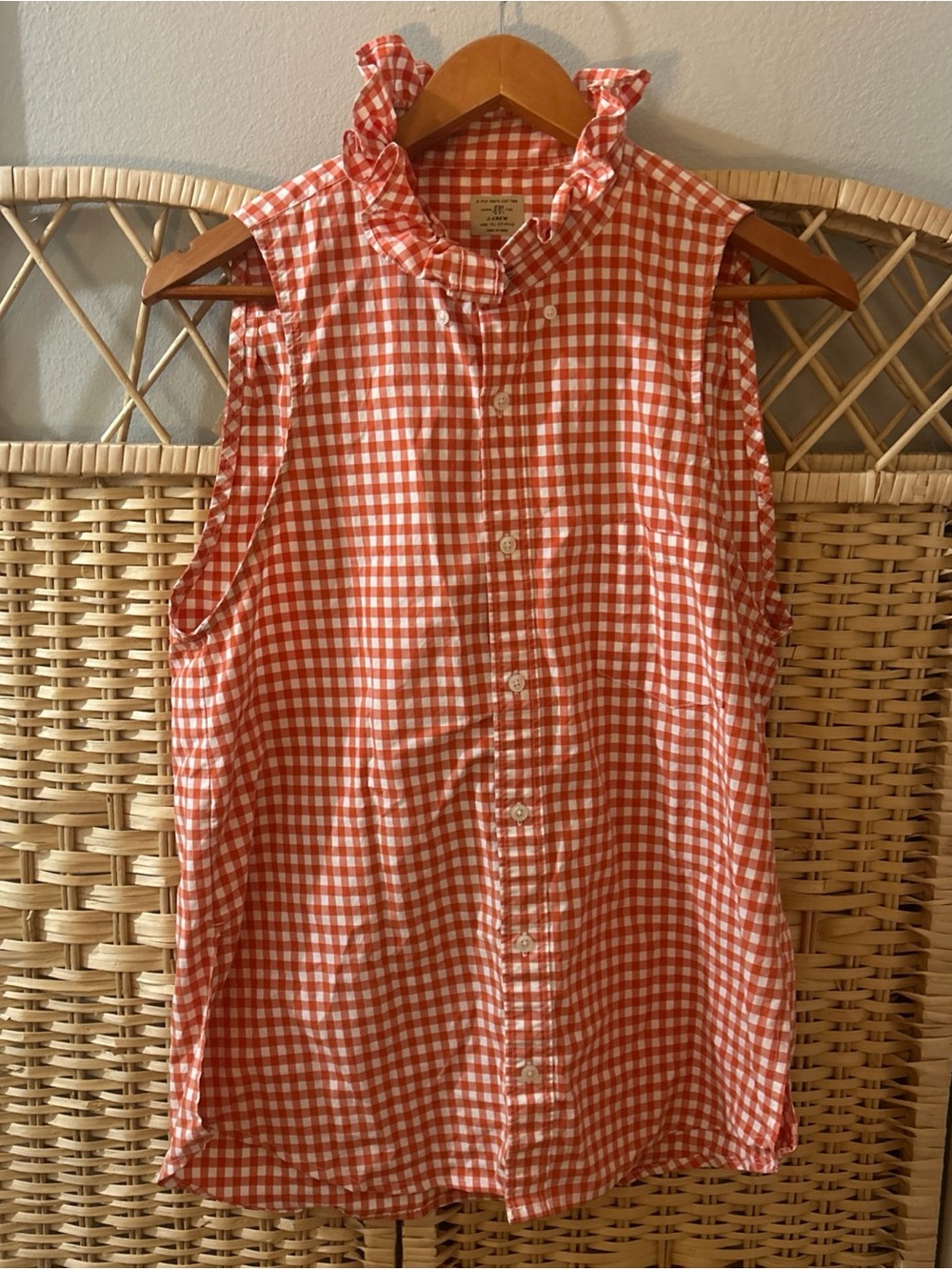 J Crew Ladies Refashioned Ruffle Collar Gingham Sleeveless Shirt Size XL